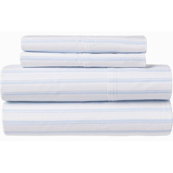 Organic Cotton Berkshire Sheet Set King Blue Elmwood Ticking Stripe Eco Friendly - Picture 4 of 7